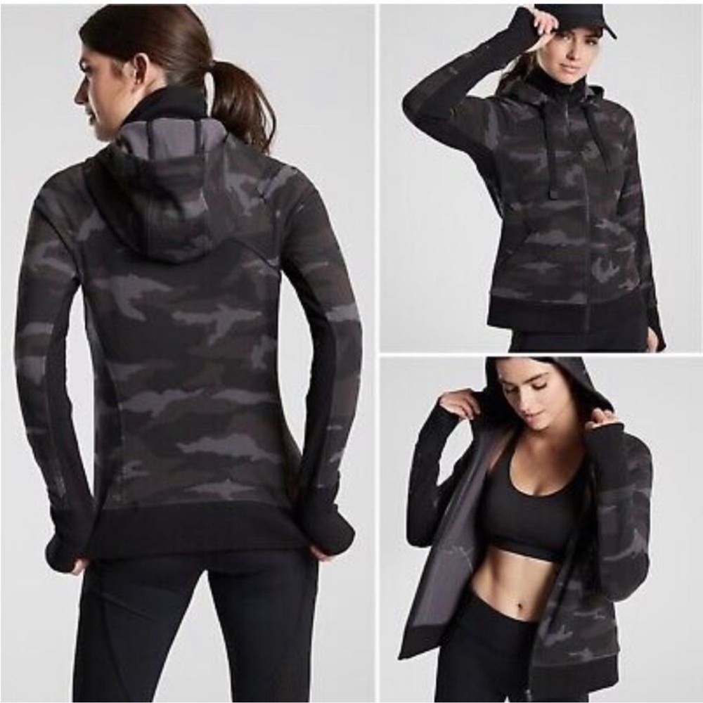 T) Athleta Triumph Printed Hoodie Sweatshirt Black Camo Zip Jacket Size Small